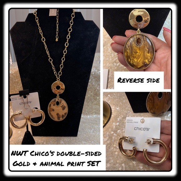 NWT Chico’s Animal double-sided Necklace with hoop / post earrings - Picture 1 of 9